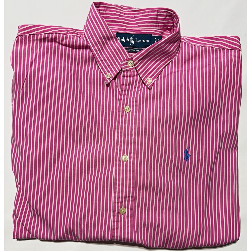 Ralph Lauren Shirt Mens Large Pink White Striped Long Sleeve Custom Fit Woven